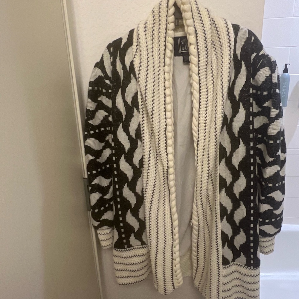Vintage Monto Por Le Chois Open Front Black/white/ Metallic Cardigan Size Large